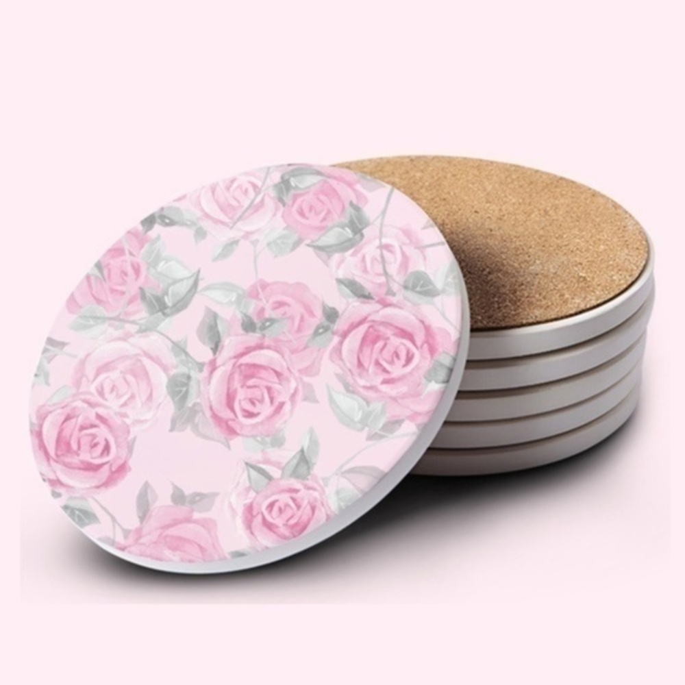 Pink Roses Ceramic Bar Coaster Set